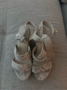 Neutral Snakeskin Knit Slingback Wedge Sandals - Women's